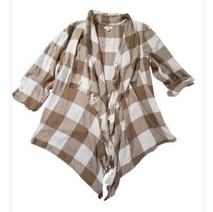 Maurices Women Plaid Open Draped Front Elbow Tab Sleeve Kimono Fringe Size Large